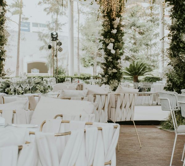 An elegant outdoor wedding reception with a white theme. Your Luxury Wedding in Tangier.